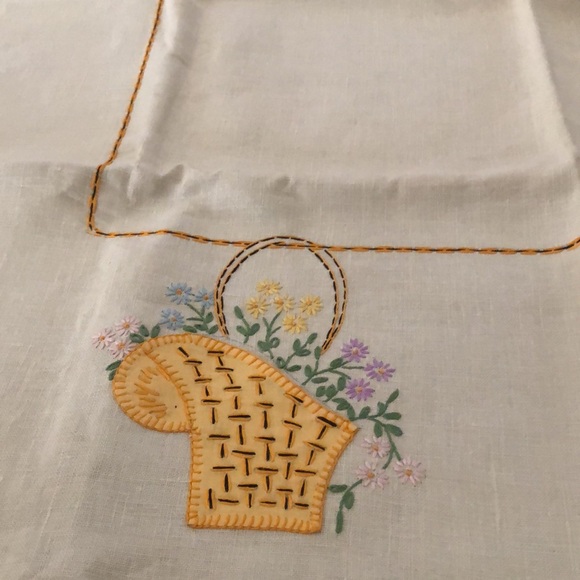Vintage Handmade and Hand Embroidered Card Table Cloth with Flowers & Baskets - Picture 13 of 16